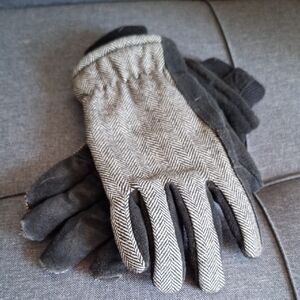 Womens Leather And Wool Herringbone Gloves